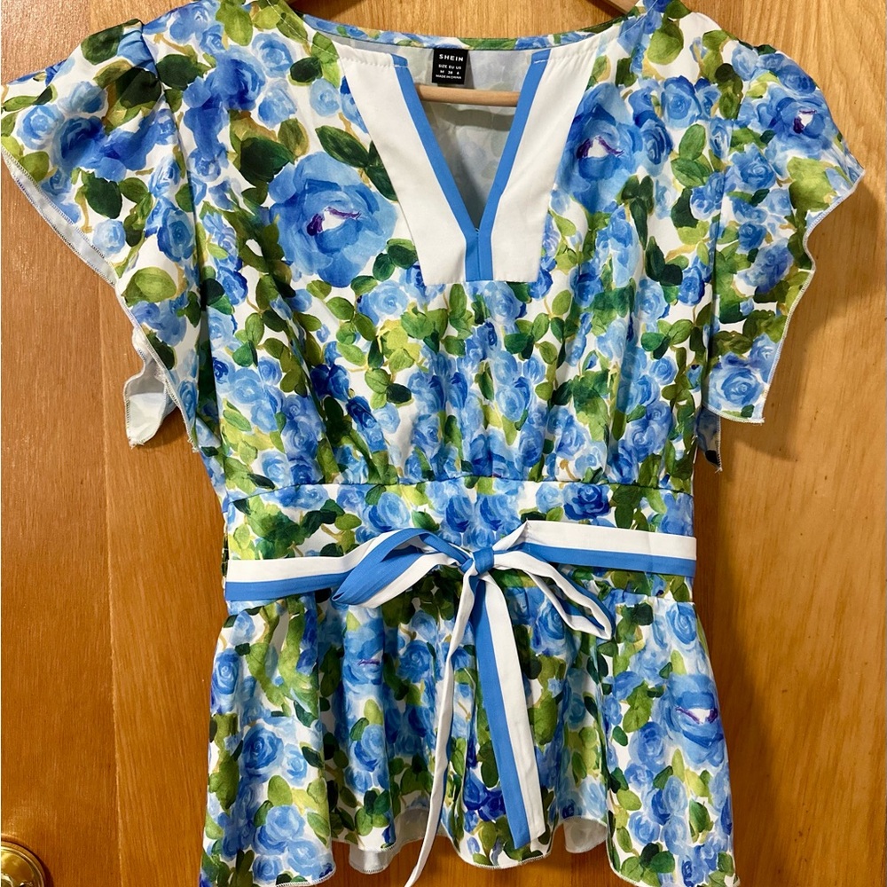 Floral Blue and Green Women's Top